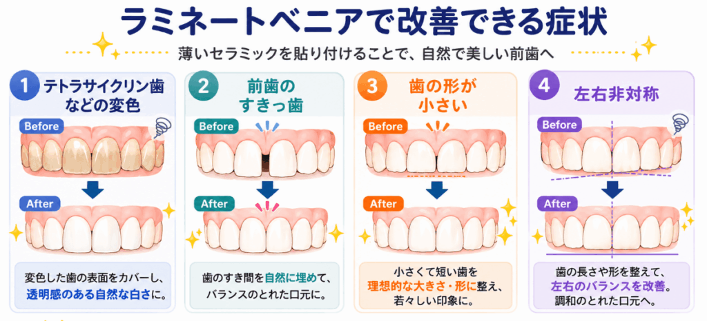ラミネートベニアで改善できる症状の説明図